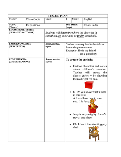 Lesson Plan- English - Grade - 1- in/on/under worksheets