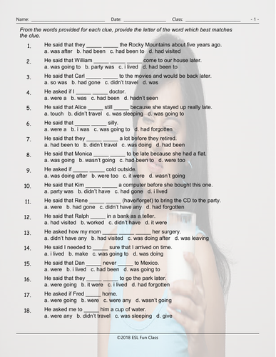 reported speech worksheet multiple choice