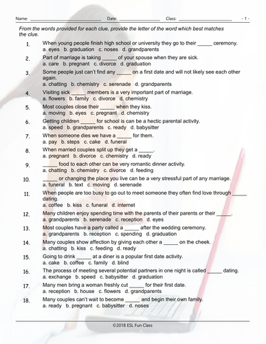 Dating-Marriage-Milestones Multiple Choice Worksheet | Teaching Resources