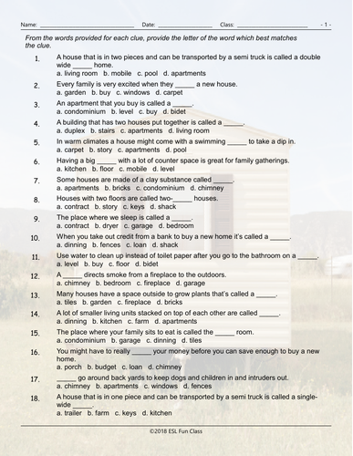 Houses-Apartments Types-Features Multiple Choice Worksheet | Teaching