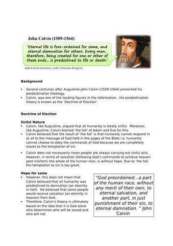 John Calvin Predestination Election WJEC A2 Ethics | Teaching Resources John Calvin Predestination