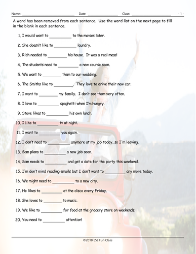 Infinitives Missing One Word Worksheet | Teaching Resources