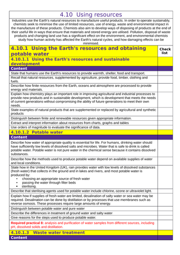 AQA: GCSE (1-9): Chemistry : 4.10  Using resources Tick List