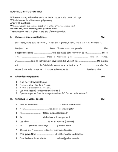 Question paper for French CLASS VI & VII | Teaching Resources