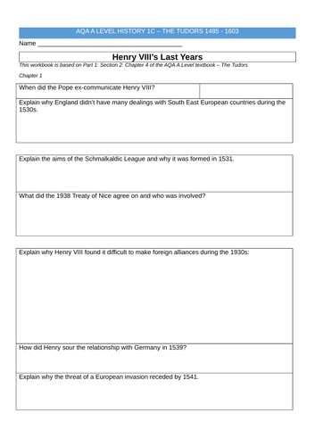 AQA A Level History Henry VIII's last years 37 page work booklet ...