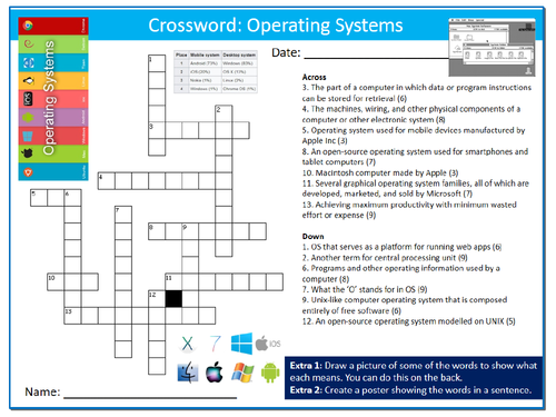 Operating Systems Crossword Puzzle Sheet ICT Computing Starter Activity