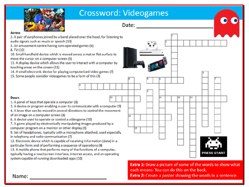 Videogames Crossword Puzzle Sheet ICT Computing Starter Activity