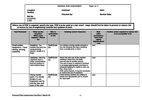 Risk Assessments - Textiles, Small Equipment