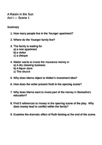 A Raisin in the Sun Act 1 scenes 1 and 2 revision questions KS5 English Language & Literature