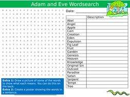 Adam and Eve  Wordsearch Sheet  RE Religious Studies Starter 