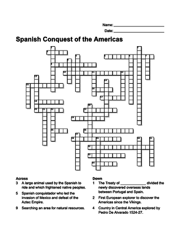 Spanish Conquest of the Americas Crossword Teaching Resources