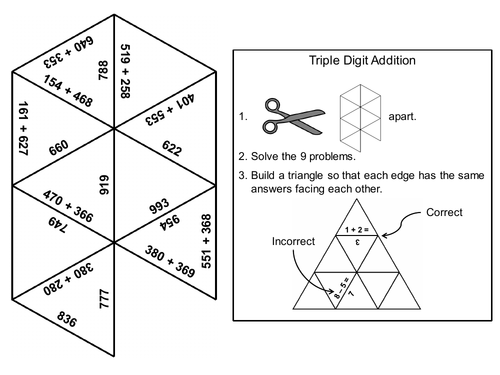 Triple Digit Addition With and Without Regrouping Game: Math Tarsia Puzzle