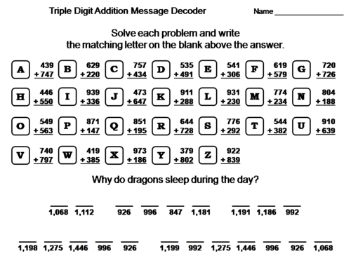 Triple Digit Addition Activity: Math Message Decoder