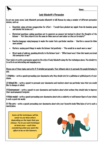 Lady Macbeth Act 1 Scene 7 Persuasion Worksheet/Homework Task | Teaching Resources