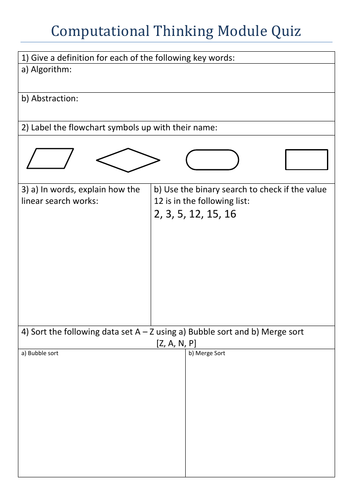 GCSE Computer Science Module Quiz - Computational Thinking - Linked to Knowledge Organiser