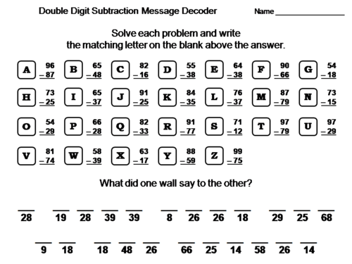 Double Digit Subtraction Activity: Math Message Decoder