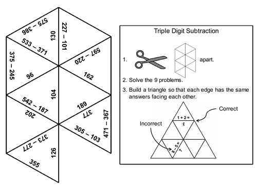 Triple Digit Subtraction With and Without Regrouping Game: Math Tarsia Puzzle