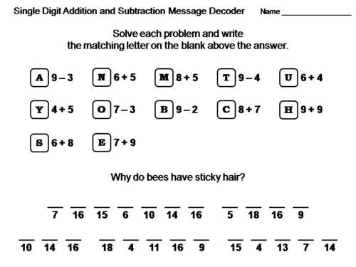 Single Digit Addition and Subtraction Activity: Math Message Decoder