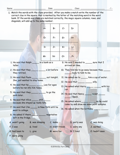 Reported Speech Magic Square Worksheet | Teaching Resources