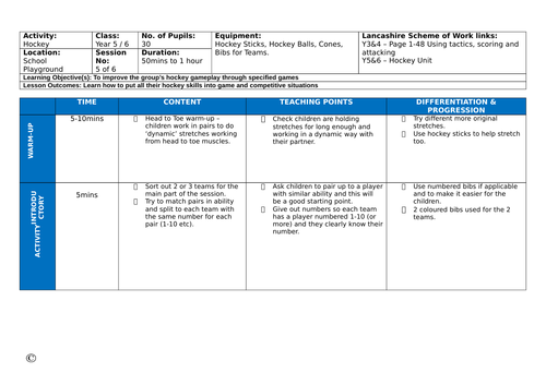 Hockey five week Lesson plans | Teaching Resources