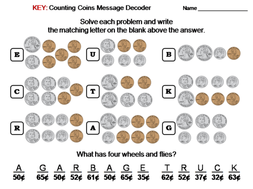 counting money using mixed coins worksheet math message decoder teaching resources