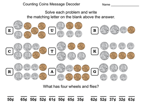 counting money using mixed coins worksheet math message decoder teaching resources