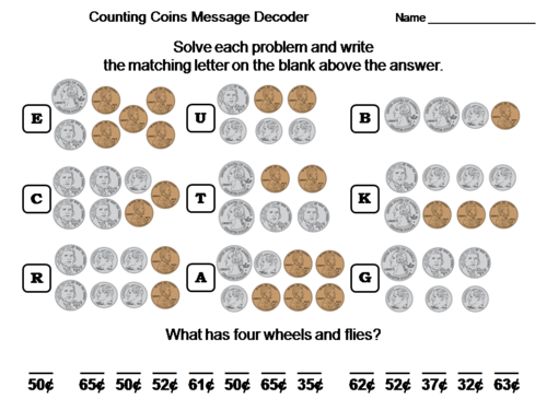 Counting Money using Mixed Coins Worksheet: Math Message Decoder