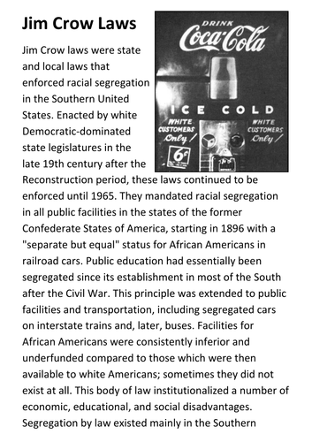 Jim Crow Laws Handout Teaching Resources 8452