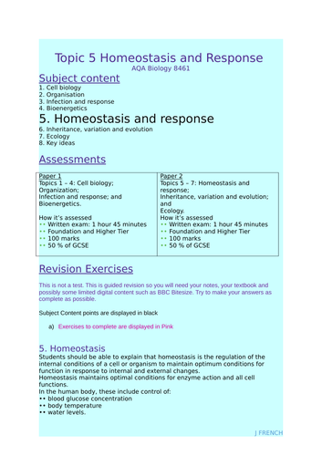 Revision booklet for AQA GCSE Biology 8461 Topic 5 - Homeostasis ...