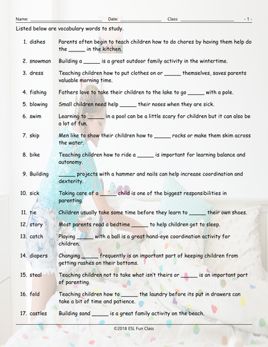 Parenting Activities Study Worksheet | Teaching Resources