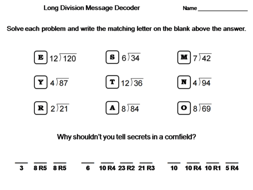 Third Grade Long Division with Remainders Activity: Math Message Decoder