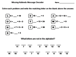 Missing Addends Addition And Subtraction Activity Math Message Decoder Teaching Resources
