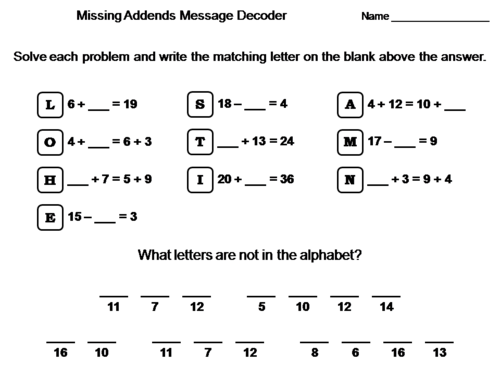 Missing Addends Addition and Subtraction Activity: Math Message Decoder