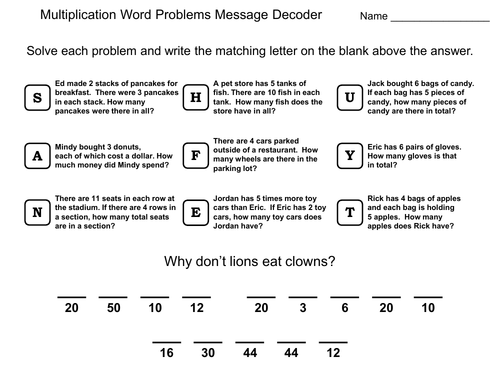 3rd Grade Multiplication Word Problems Activity: Math Message Decoder ...