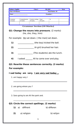 Grades 1, 2, 3, 4 and 5 English term exam papers - 3 parts marks 50 ...