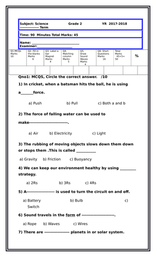 grade 2 science exam papers pdf