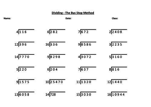 bus stop division worksheet with answers teaching resources