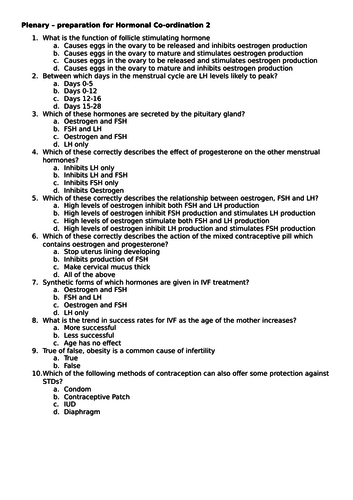 Hormonal coordination quiz