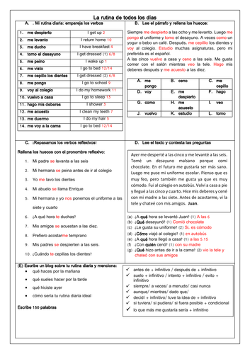 spanish gcse daily routine revision worksheet present