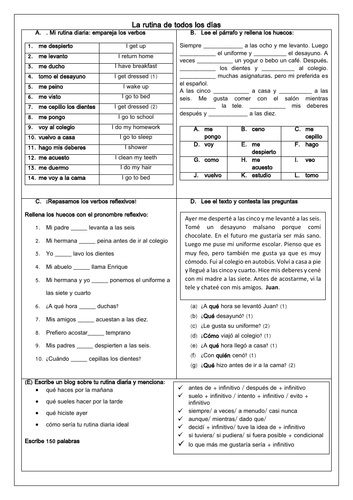 Spanish GCSE Daily Routine Revision Worksheet (Present & Past): vocabulary, reading, writing
