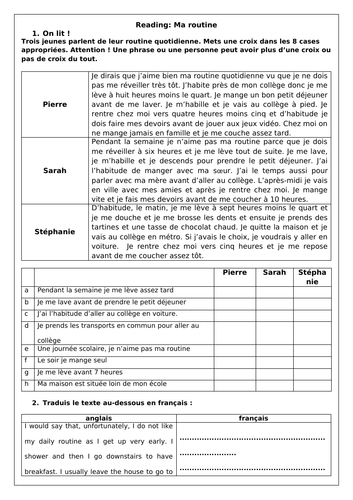 French GCSE Daily Routine Resource Pack (Ma routine quotidienne ...