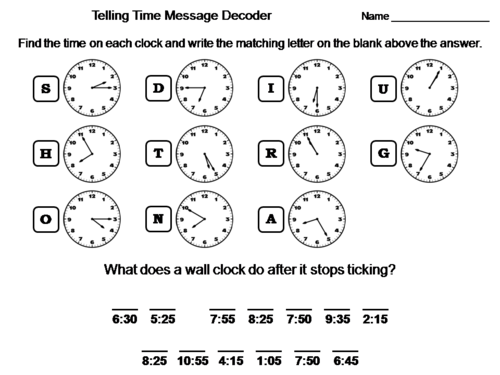 Telling Time to Five Minutes Activity: Math Message Decoder