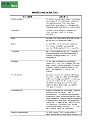 A Level Respiration Key Words | Teaching Resources