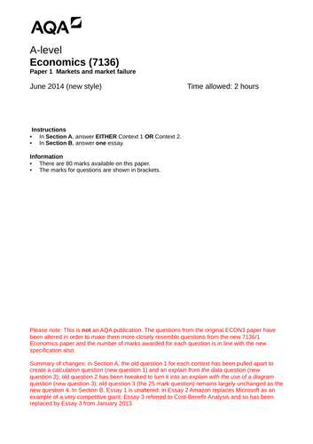 AQA A-level Economics (new spec) Additional Unit 1 Past Paper - June 2014 (re-worked)