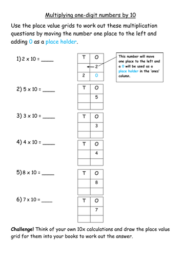 multiplying one digit numbers by 10 worksheets teaching resources