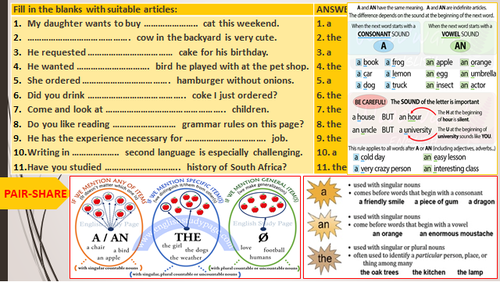 articles worksheets with answers teaching resources
