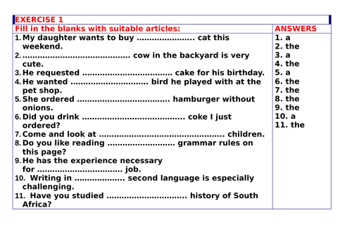 articles worksheets with answers teaching resources