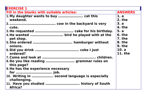 Articles Worksheets With Answers Teaching Resources