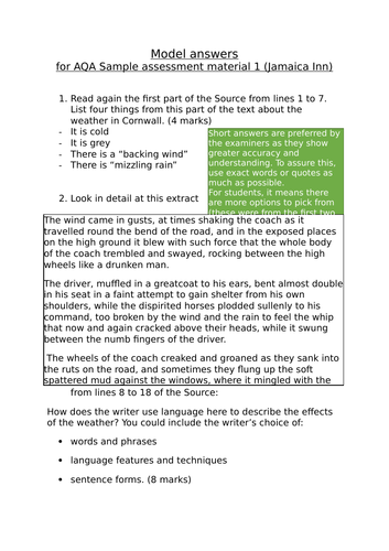 AQA GCSE English Language Paper 1 Model Answers Teaching Resources