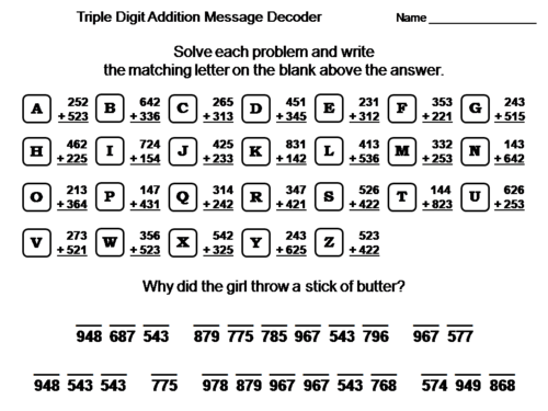 Triple Digit Addition Without Regrouping Activity: Math Message Decoder